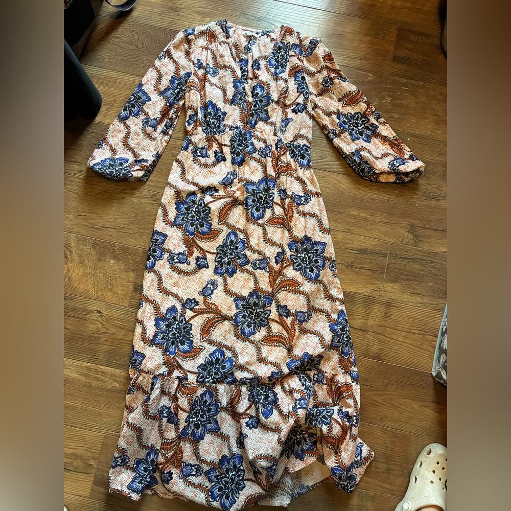 Chico's Floral V-Neck Maxi Dress in Blue and Tan